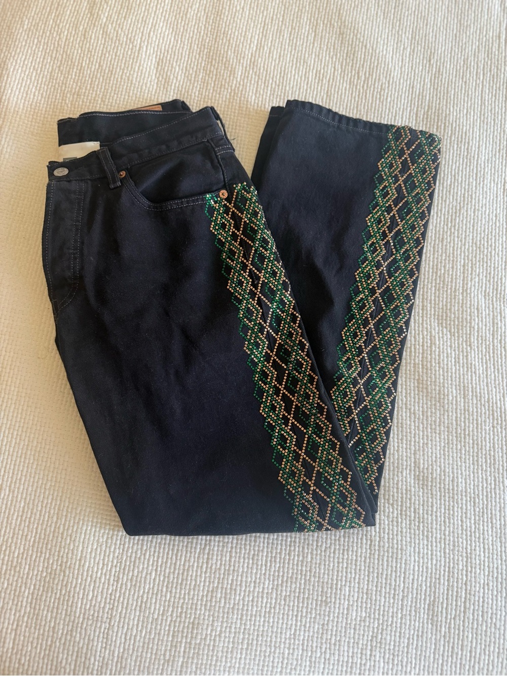 Levi's Black Straight-Leg Jeans with Green & Gold Embroidered Side Detail